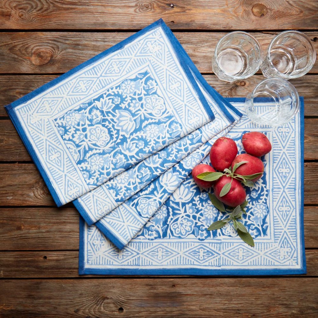 Blue Floral Block Print Placemat Set Etsy