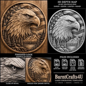May include: A digital design file set for laser engraving featuring a circular relief of a bald eagle head, American flag, mountains, and pine trees. Includes a 3D depth map, high-resolution preview, vector outline, and PDF reference by BurntCrafts4U.
