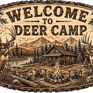 Pode incluir: Uma placa de madeira oval com borda texturizada de casca de árvore, apresentando uma cena gravada a laser de dois veados, uma cabana de madeira, uma fogueira e montanhas. O texto "WELCOME TO DEER CAMP" está em uma fonte escura e rústica.