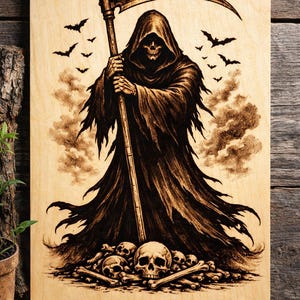 May include: Wood-burned art piece featuring the Grim Reaper in a hooded cloak, holding a scythe, with skulls and bones at the base. Bats are in the background. The artwork is on a light-colored wooden board.