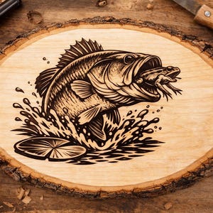 Può includere: Targa ovale in legno con un'immagine pirografata di un persico trota che salta fuori dall'acqua, con una rana in bocca. La targa ha un bordo naturale in corteccia ed è posta su una superficie di legno.