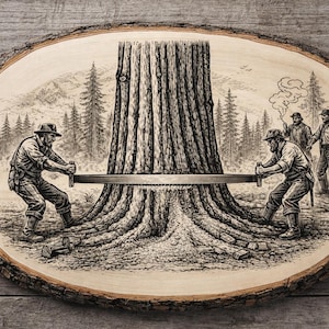 May include: Oval wooden plaque with a detailed black and white illustration of two lumberjacks sawing a large tree trunk with a two-man saw. Other lumberjacks and a forest are in the background. The plaque has a natural bark edge.