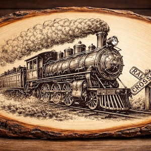 Op de afbeelding: Sepia-getinte illustratie van een vintage stoomtrein op een houten plaat. De trein is afgebeeld met gedetailleerde lijnen, rook en een spoorwegovergangsbord. De houten plaat heeft een natuurlijke, ruwe rand.