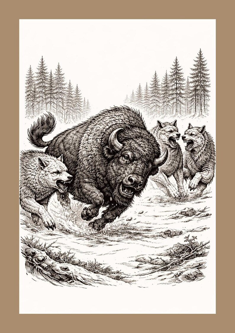 Bison and Wolves Pyrography Template | Wildlife Engraving (digital ...
