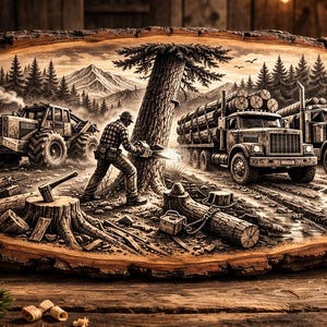 Könnte beinhalten: Holztafel mit detaillierter Gravur eines Holzfällers, der einen Baum fällt, mit Holztransportern und einem Traktor im Hintergrund. Das Kunstwerk ist in Braun- und Schwarztönen gehalten und zeigt eine Waldszene.