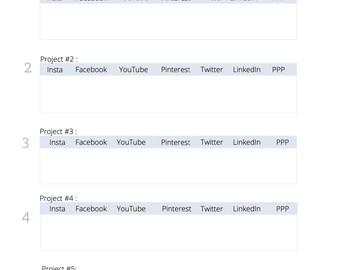 Può includere: Un modello di tracciamento dei social media settimanale con cinque sezioni di progetto. Ogni sezione include colonne per Instagram, Facebook, YouTube, Pinterest, Twitter, LinkedIn e PPP (stampa, podcast, partnership).