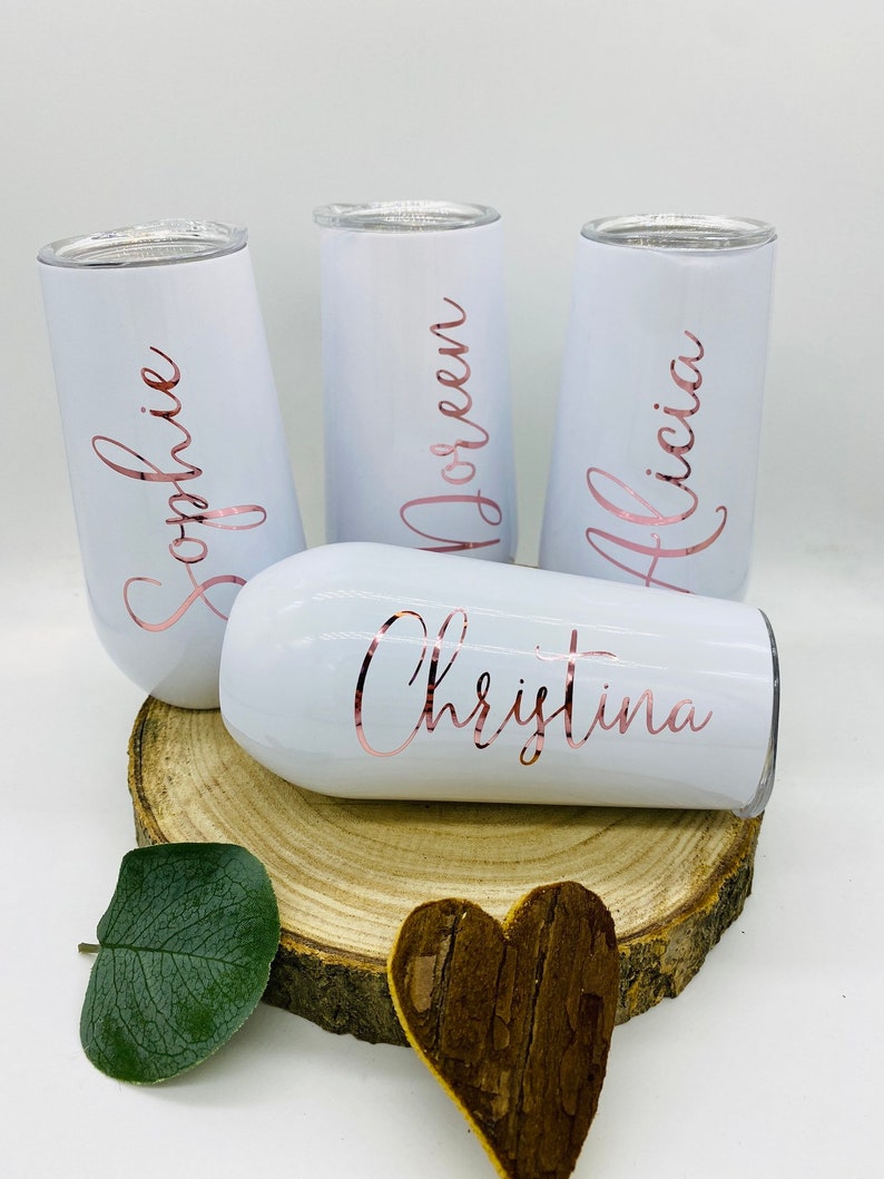 Sektbecher personalisiert Geschenk Hochzeit Festival Junggesellinnenabschied Tumbler Sektbecher aus Edelstahl ThermobecherTrinkbecher weiß