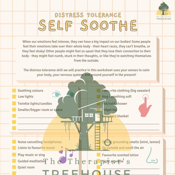 Distress Tolerance Worksheet- Self Soothe - DBT worksheet