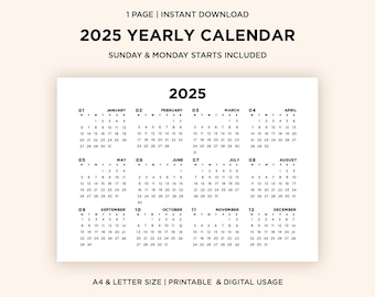 2025 Yearly Calendar Template | Printable, Instant Digital Download | Sunday Monday Start | A4/Letter Size | Minimalist Planner