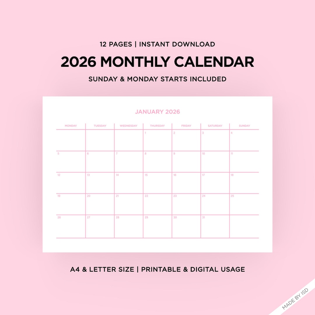 2026 Pink Monthly Calendar Template | Printable, Instant Digital ...
