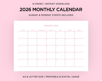 2026 Pink Monthly Calendar Template | Printable, Instant Digital Download | Sunday Monday Start | A4/Letter Size | Minimalist Planner