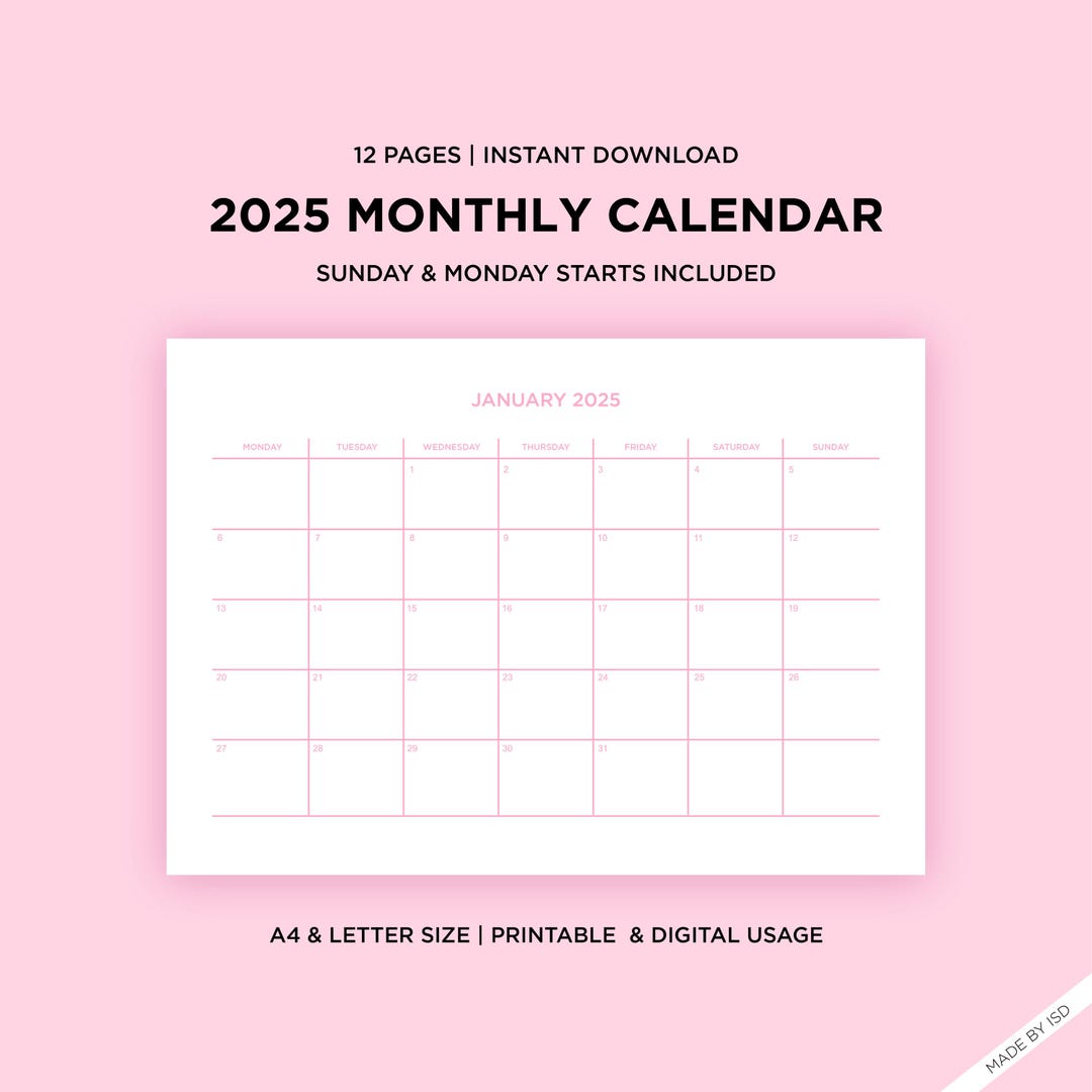 2025-pink-monthly-calendar-template-printable-instant-digital-download-sunday-monday-start-a4-letter-size-minimalist-planner-etsy