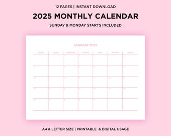 2025 Pink Monthly Calendar Template | Printable, Instant Digital Download | Sunday Monday Start | A4/Letter Size | Minimalist Planner