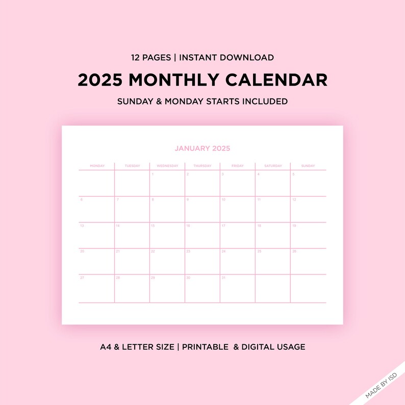 2025 Pink Monthly Calendar Template | Printable, Instant Digital ...