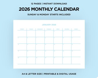 2026 Blue Monthly Calendar Template | Printable, Instant Digital Download | Sunday Monday Start | A4/Letter Size | Minimalist Planner