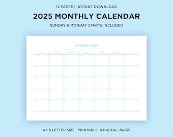 2025 Blue Monthly Calendar Template | Printable, Instant Digital Download | Sunday Monday Start | A4/Letter Size | Minimalist Planner