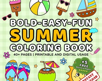 Summer Themed Coloring Book | Bold and Easy | 40+ Pages | Printable PDF & JPG | Digital Download Coloring Pages
