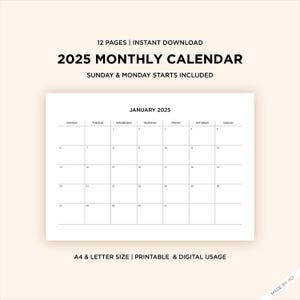2025 Monthly Calendar Template | Printable, Instant Digital Download | Sunday Monday Start | A4/Letter Size | Minimalist, Aesthetic Calendar