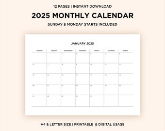 2025 Monthly Calendar Template | Printable, Instant Digital Download | Sunday Monday Start | A4/Letter Size | Minimalist, Aesthetic Calendar