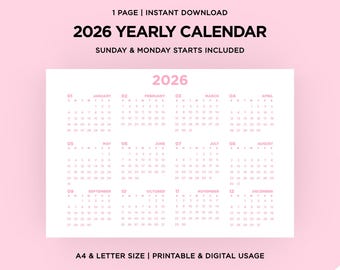 2026 Pink Yearly Calendar Template | Printable, Instant Digital Download | Sunday Monday Start | A4/Letter Size | Minimalist Planner