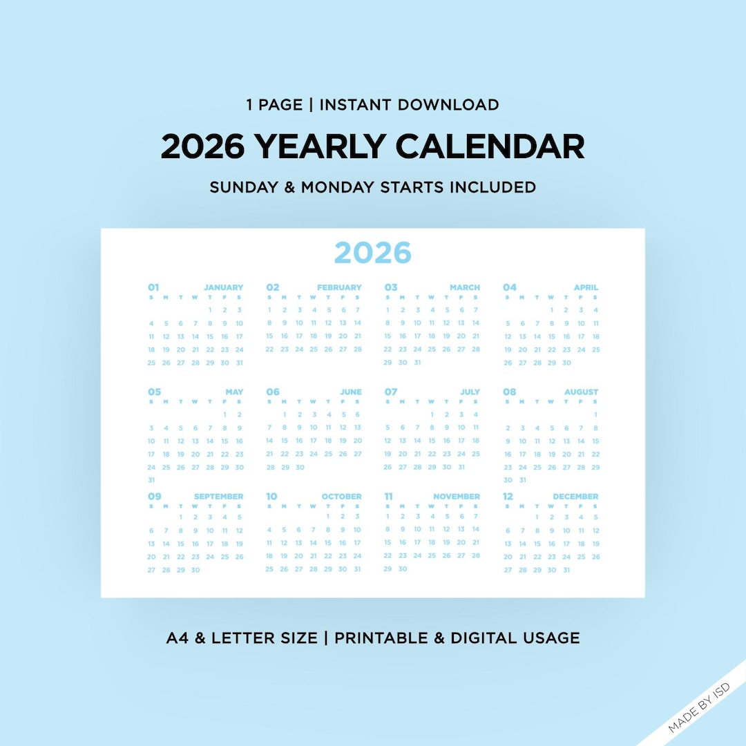 2026 Blue Yearly Calendar Template | Printable, Instant Digital