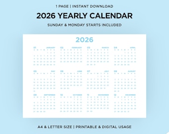 2026 Blue Yearly Calendar Template | Printable, Instant Digital Download | Sunday Monday Start | A4/Letter Size | Minimalist Planner
