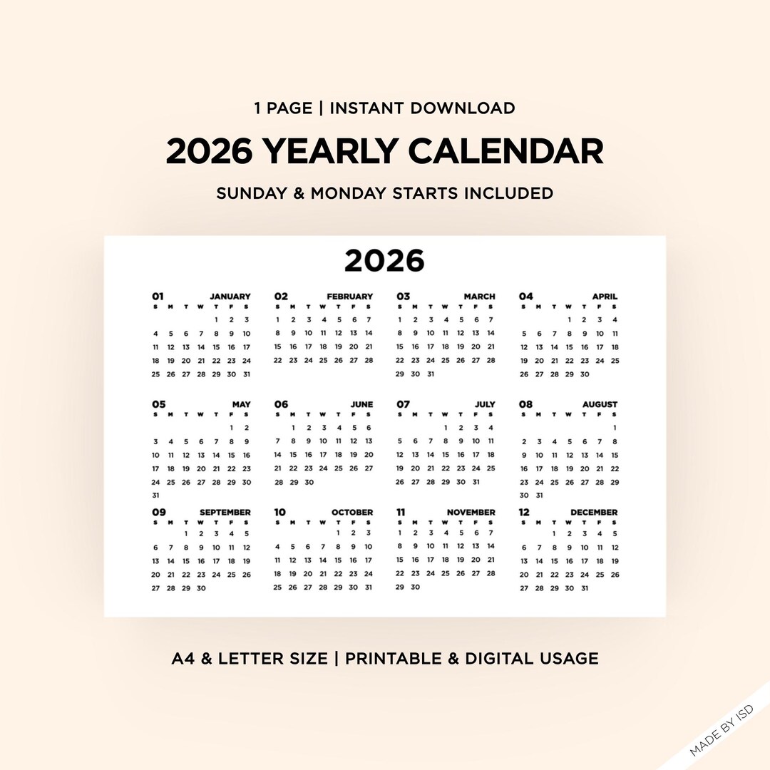 2026 Yearly Calendar Template | Printable, Instant Digital Download ...