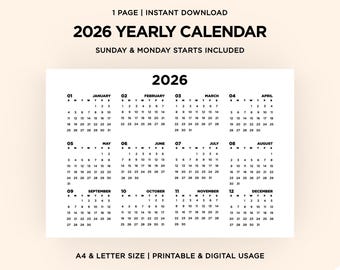 2026 Yearly Calendar Template | Printable, Instant Digital Download | Sunday Monday Start | A4/Letter Size | Minimalist Planner