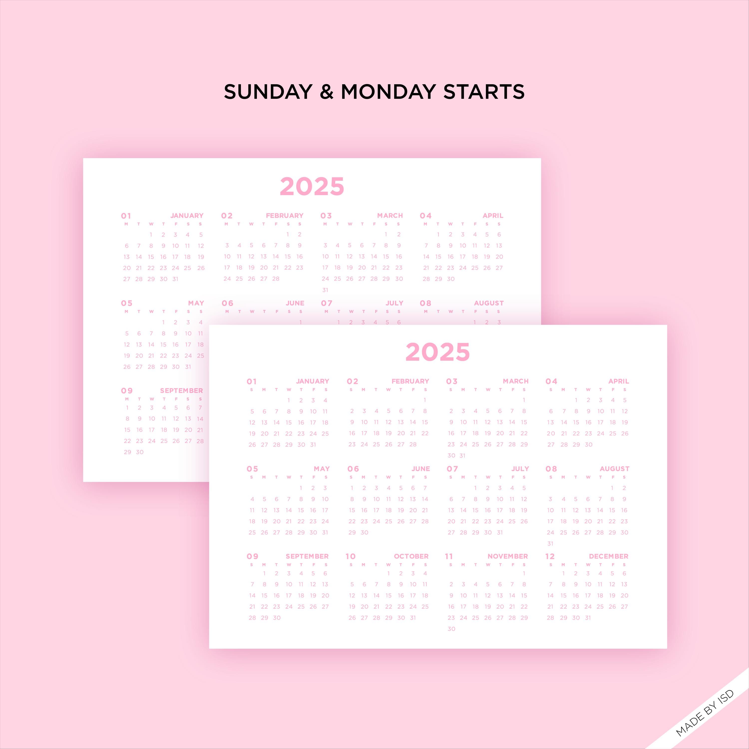 2025 Pink Yearly Calendar Template Printable Instant Digital