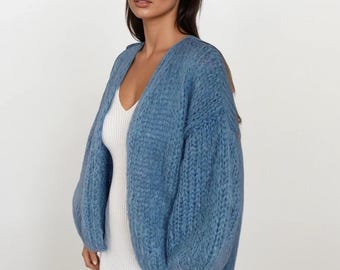 Mohair Cardigan, Chunky Knit Cardigan, Slouchy Fluffy Cardigan, Women Mohair Merino Wool Cardigan,