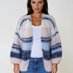 Striped Mohair Cardigan, Women Knit Cardigan, Mohair Merino Wool Cardigan, Chunky Knitted Mohair Cardigan