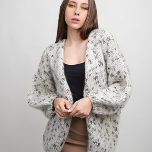 Kardigan z wełny alpaki, gruby kardigan z dzianiny, puszysty kardigan, damski luźny kardigan, płaszcz z dzianiny alpaki