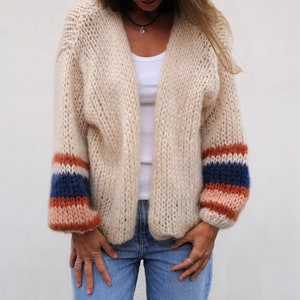 Striped Mohair Cardigan, Women Knit Cardigan, Mohair Merino Wool Cardigan, Chunky Knitted Mohair Cardigan