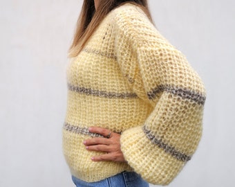 Hand Knit Mohair Sweater, Fluffy Striped Sweater, Women Mohair Merino Wool Pullover