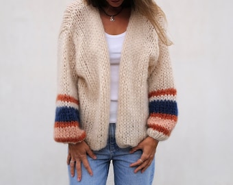 Cardigan rayé en mohair, Cardigan en tricot pour femme, Cardigan en mohair et laine mérinos, Cardigan en mohair grosse maille