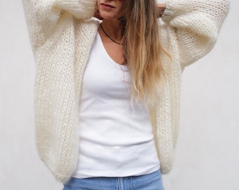 Cardigan en laine mohair, Cardigan en tricot épais, Cardigan ample et moelleux, Cardigan oversize pour femme