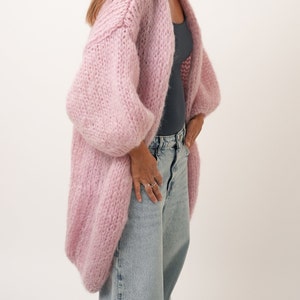 Hand Knit Coat, Mohair Women Jacket, Fuzzy Chunky Cardigan , Mohair Merino Wool Long Cardigan, Women Wool Jacket, Knitted Coat Pink