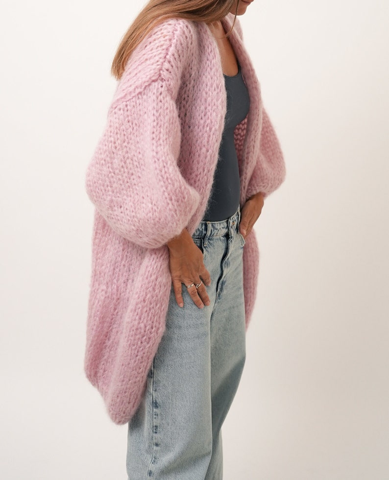 Hand Knit Coat, Mohair Women Jacket, Fuzzy Chunky Cardigan , Mohair Merino Wool Long Cardigan, Women Wool Jacket, Knitted Coat Pink