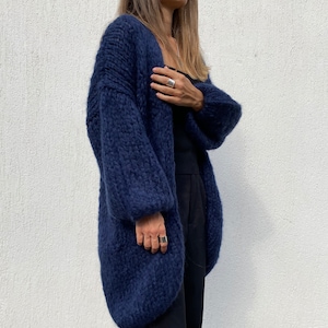 Hand Knit Coat, Mohair Women Jacket, Fuzzy Chunky Cardigan , Mohair Merino Wool Long Cardigan, Women Wool Jacket, Knitted Coat Indigo Blue