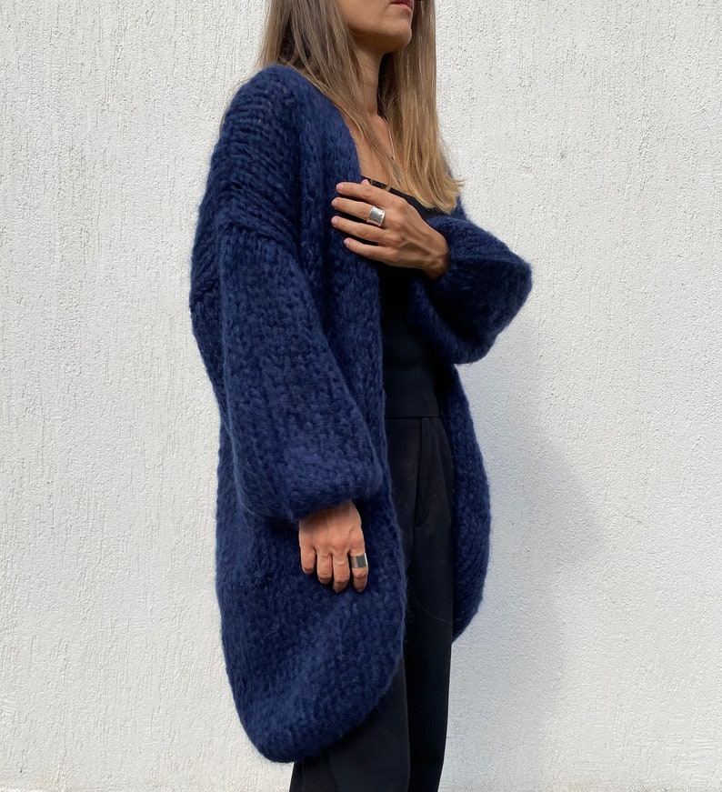 Hand Knit Coat, Mohair Women Jacket, Fuzzy Chunky Cardigan , Mohair Merino Wool Long Cardigan, Women Wool Jacket, Knitted Coat Indigo Blue