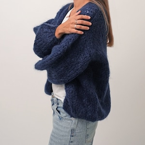 Mohair Wolle Strickjacke, Grobstrick Strickjacke, Slouchy flauschige Strickjacke, Frauen übergroße Strickjacke Blau