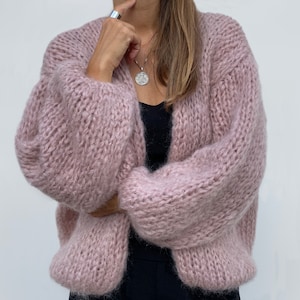 Mohair Wolle Strickjacke, Grobstrick Strickjacke, Slouchy flauschige Strickjacke, Frauen übergroße Strickjacke Rosa