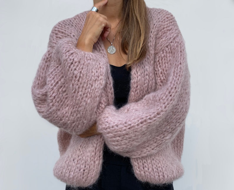 Mohair Wolle Strickjacke, Grobstrick Strickjacke, Slouchy flauschige Strickjacke, Frauen übergroße Strickjacke Rosa