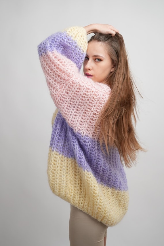 Handgestrickte Mohair-Strickjacke, Brioche-Strickjacke, flauschige