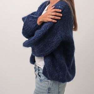 Hand Knit Mohair Cardigan, Chunky Knit Cardigan, Slouchy Fluffy Cardigan, Women Mohair Merino Wool Cardigan, Blue