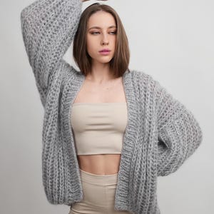 Hand Knit Mohair Cardigan, Brioche Knit Cardigan, Rib Fluffy Cardigan, Women Mohair Merino Wool Cardigan