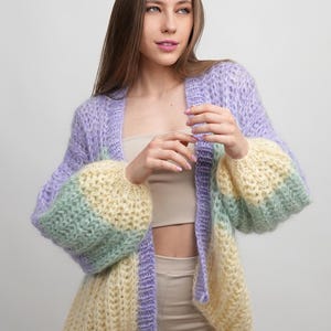 Hand Knit Mohair Cardigan, Brioche Knit Cardigan, Rib Fluffy Cardigan, Women Mohair Merino Wool Cardigan, Degrade Sweater Coat