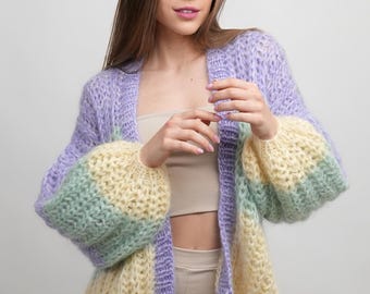 Cárdigan de mohair tejido a mano, cárdigan de punto brioche, cárdigan de canalé esponjoso, cárdigan de lana merino de mohair para mujer, abrigo tipo suéter con efecto degradado