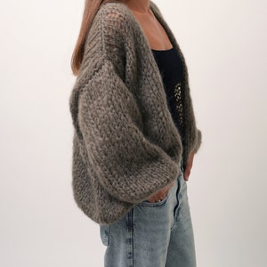 Mohair Wolle Strickjacke, Grobstrick Strickjacke, Slouchy flauschige Strickjacke, Frauen übergroße Strickjacke Braun