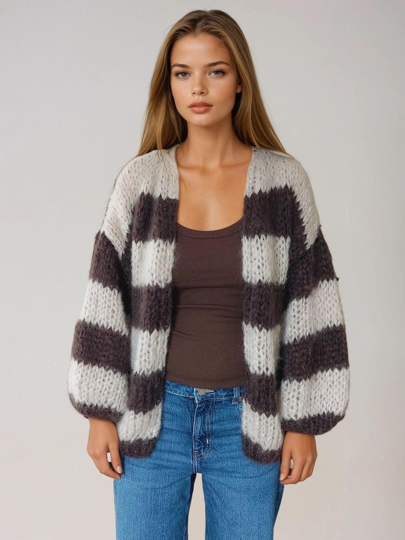 Striped Mohair Cardigan, Women Knit Cardigan, Mohair Merino Wool